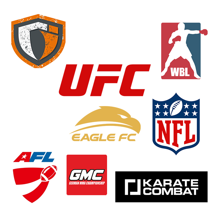WBL Logo, One Championship Logo, UFC Logo, Glory Logo, Eagle FC, NFL Logo, Karate Combat, GMC - German MMA Championship, AFL, Grappling